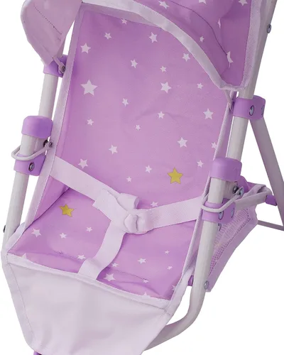 Vista 9 de Olivia's Little World Cochecito de Muñeca Bebé estilo jogging con toldo, cinturón de seguridad y espacio de almacenamiento, morado y blanco