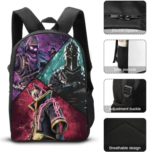 Vista 3 de WCZARE Mochila de viaje de dibujos animados diarios con bolsa de almuerzo, juego de 3 piezas, novedad para fanáticos del juego, Negro -, Mochila