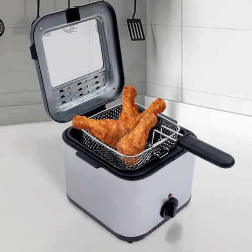 Vista 4 de Freidora eléctrica, freidora de acero inoxidable para uso comercial y doméstico, capacidad de aceite de 2.5 L, termostato ajustable con cesta