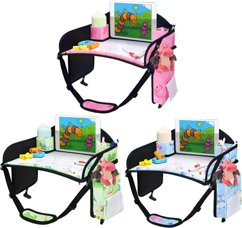 Vista 19 de 2 piezas Bandeja de viaje para niños, bandeja para asiento de coche para niños Viaje, Esenciales de viaje en carretera para niños con kit de dibujo
