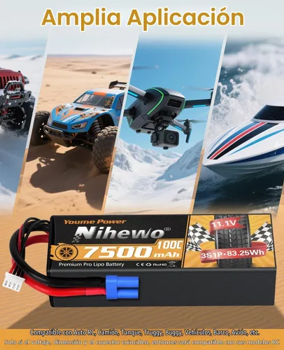 Vista 5 de 3S Lipo Batería 7500mAh 11.1V 100C Hardcase EC5 para RC Coche Barco 2 unids