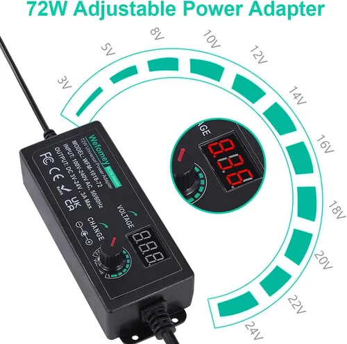Vista 2 de Fuente de alimentación universal 3V-24V 3A 72W Adaptador de CA/CC ajustable Convertidor de CA a CC de 100V-240V con pantalla LCD, 14 puntas