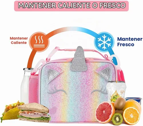 Vista 2 de Lonchera de unicornio para niñas con correas ajustables para el hombro, bonita lonchera aislada a prueba de fugas, con purpurina y brillo, bolsa