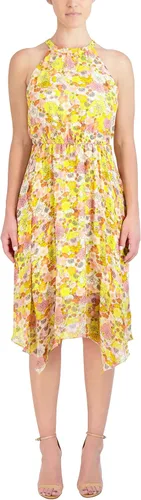 Vista 2 de BCBGeneration Vestido midi ajustado y acampanado con cuello halter elástico y dobladillo asimétrico, Libro de cuentos Floral