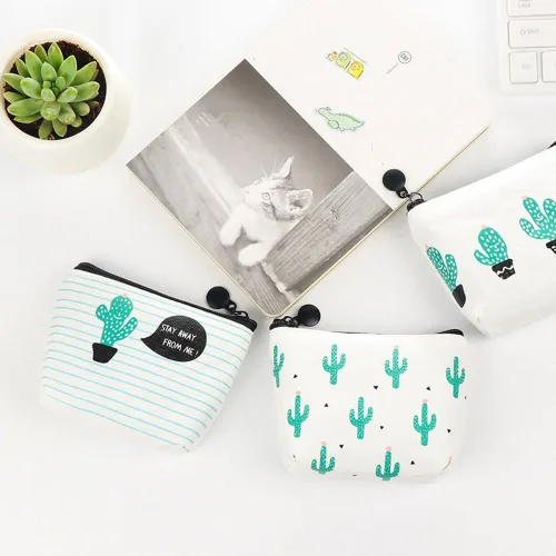 Vista 4 de softmusic Cute Cactus impresión de lona cartera Mini titular de la tarjeta bolsa de cierre portafolios