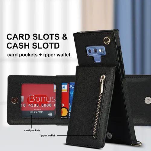 Vista 6 de Funda para teléfono Samsung Galaxy Note 9 con correa cruzada, tarjetero de cuero, ranuras de crédito, soporte magnético, accesorio para celular