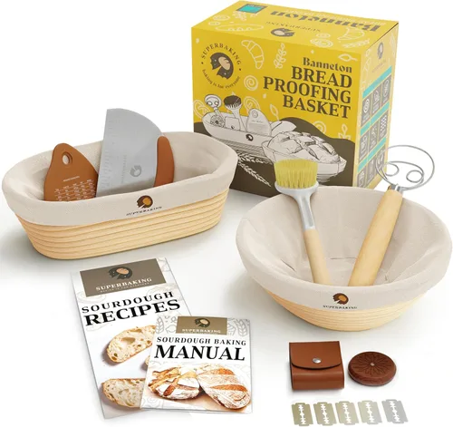 Vista 12 de Juego de cestas para fermentación de pan Superbaking Banneton de 2, cestas redondas de 22.86 cm de ratán sin astillas con forros, kit de inicio