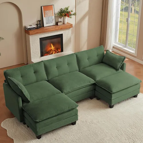Vista 10 de Amsleekey Sofá Seccional Modular, 111.5" en Forma de U de Pana Cómodo Sofás Seccionales para Sala de Estar, Sofás Nube de 3 Plazas con 2 Otomanas