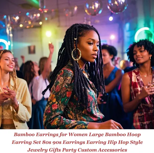 Vista 3 de Aretes de bambú para mujeres, gran set de aretes de aro de bambú, estilo hip hop de los 80 y 90, joyería para regalos de fiesta, accesorios