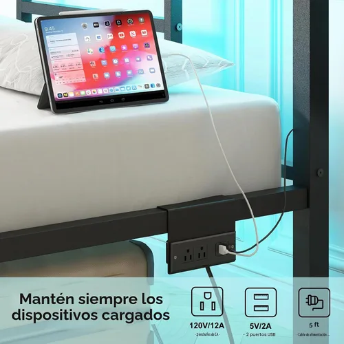 Vista 4 de Fixwal Base de cama de tamaño matrimonial con estación de carga, marco de cama de metal con puerto y toma de corriente