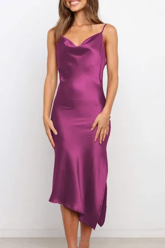 Vista 3 de PRETTYGARDEN Vestido de satén para mujer, sin mangas, con tirantes delgados, abertura lateral, cuello vuelto, midi