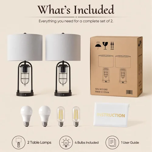 Vista 11 de Juego de 2 lámparas de mesa de granja con puertos USB y luz nocturna, lámpara moderna para mesita de noche para sala de estar y dormitorio