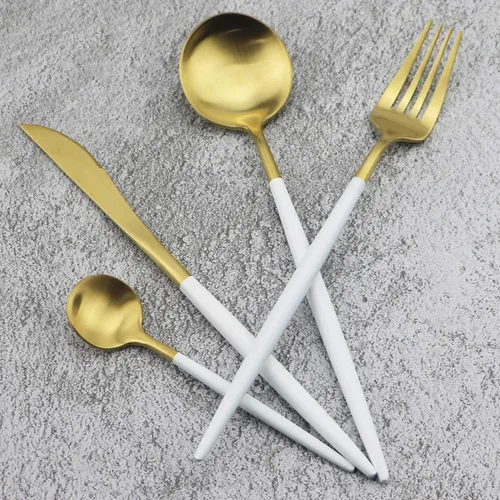 Vista 9 de Juego de cubiertos de oro mate, 5 piezas de acero inoxidable 18/10 con acabado satinado, servicio para 1, cuchara tenedor de cuchillo con pajitas