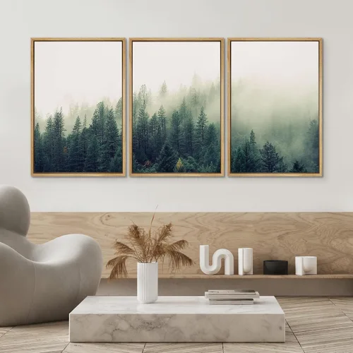 Vista 446 de SIGNWIN Lienzo enmarcado para pared, juego de arte pastel con cadena montañosa, bosque, niebla, naturaleza silvestre, ilustraciones modernas, arte