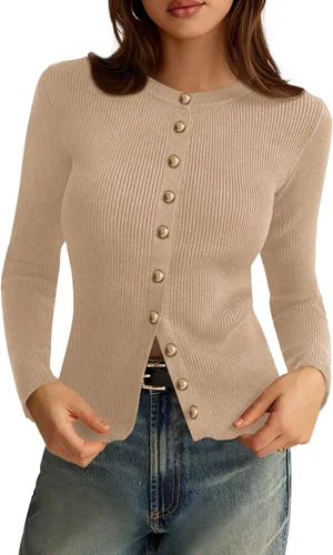 Vista 8 de PRETTYGARDEN Suéteres tipo cárdigan ligeros de otoño para mujer Marrón