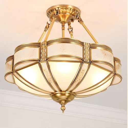 Vista 11 de Lámpara de techo de latón de 4 luces semiempotrada, candelabro dorado para comedor, lámpara de techo de vidrio esmerilado, luz empotrada moderna