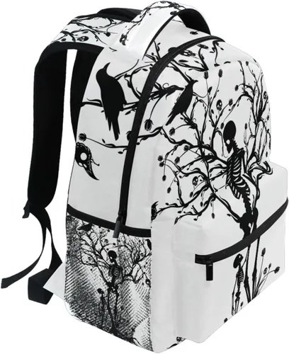Vista 2 de Mochila negra del Día de los Muertos con patrón de calavera para adultos, mochila escolar casual, bolsa universitaria de viaje, con cremallera