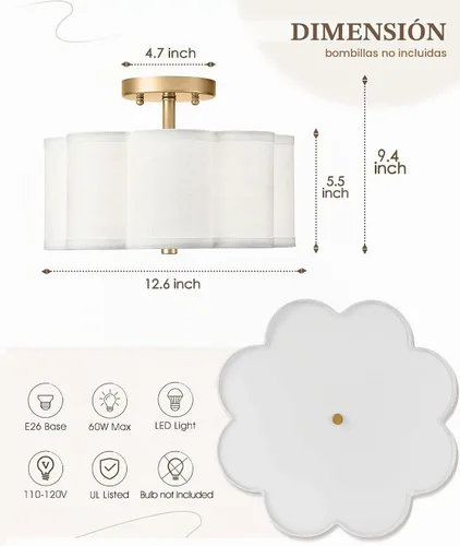 Vista 2 de Lámpara de Techo Semiempotrada Dorada, 3 Luces Accesorios de Iluminación de Techo de 12.5" con Pantalla de Tela en Forma de Flor, Luces de Tambor