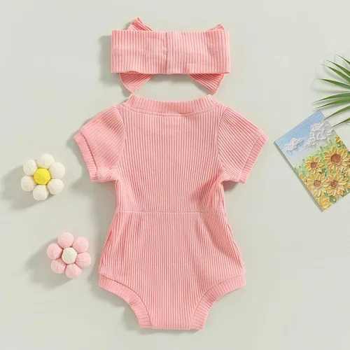 Vista 80 de Traje de verano para niña pequeña, de manga corta, acanalado, overol liso, pantalones cortos, ropa para recién nacidos