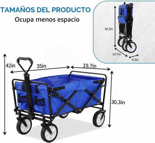 Vista 2 de Carros plegables de alta resistencia con ruedas, mango ajustable, carrito de playa plegable para comestibles al aire libre, pesca, campamento Azul