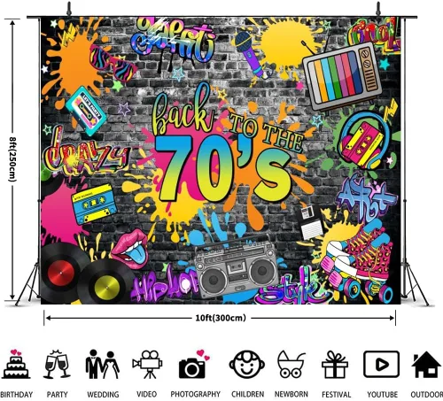 Vista 5 de Telón de fondo de los años 70 para fiestas, hip hop, rock, discoteca, fiesta de cumpleaños, fondos de fotos retro, graffiti, fondo de pared
