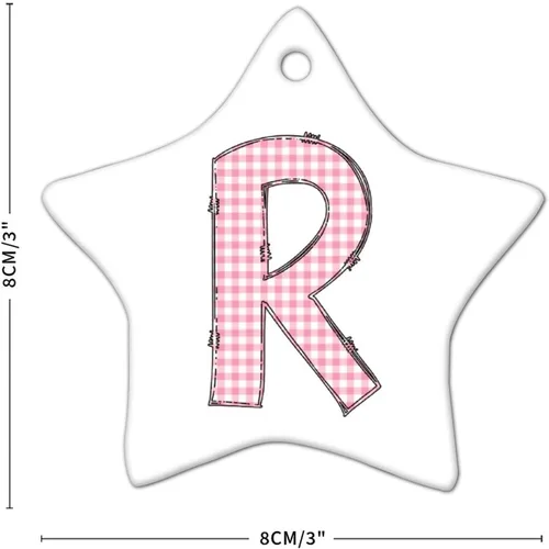 Vista 4 de Adorno de cerámica con monograma de letras del alfabeto de búfalo rosa con forma de estrella, recuerdo colgante para boda, invierno, Año Nuevo