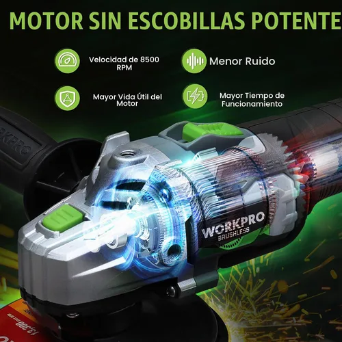 Vista 2 de WORKPRO Amoladora angular inalámbrica, amoladora sin escobillas de 20 V con batería de 4.0 Ah y cargador rápido, discos de 4-1/2 pulgadas, motor sin