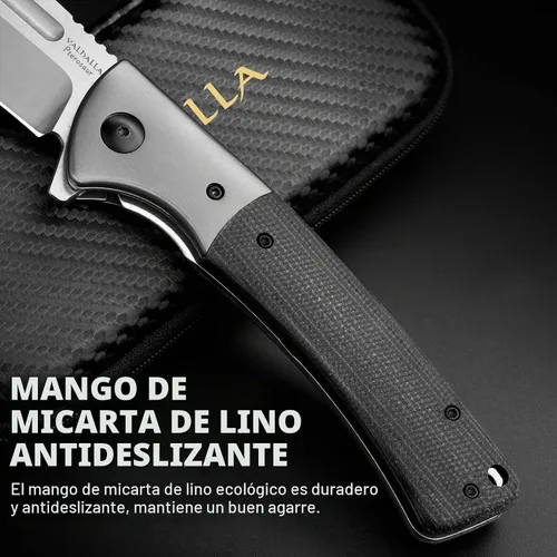 Vista 3 de VALHALLA PTEROSAUR Cuchillo de bolsillo, cuchillo plegable de acero D2 de 3.9 pulgadas con mango de micarta, cuchillo de bolsillo para hombres, Negro