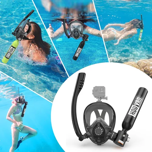 Vista 7 de Mini tanque de buceo con máscara de esnórquel 0.5L, tanque de buceo inflable con máscara de cara completa, botella de reserva Pony, tanque de aire