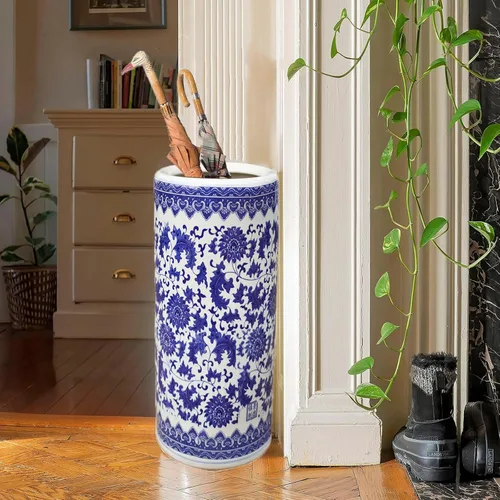 Vista 2 de Paragüero de porcelana, soporte de paraguas de porcelana azul y blanco, soporte tradicional para sombrilla de entrada, organizador de paraguas