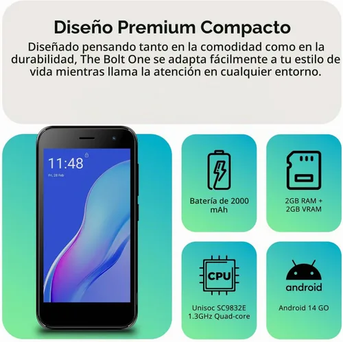 Vista 10 de Bolt One, teléfono Android desbloqueado, 2025, garantía de EE. UU Negro