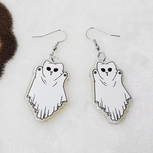 Vista 6 de Aretes colgantes espeluznantes de acrílico para Halloween, creativos, mapache, fantasma, calabaza, gatos, aretes de gota para mujeres y niñas