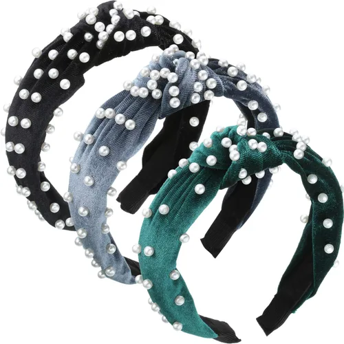 Vista 12 de WILLBOND Diadema anudada con perlas de terciopelo para mujer, accesorios para el cabello (beige, malva pálido, negro)