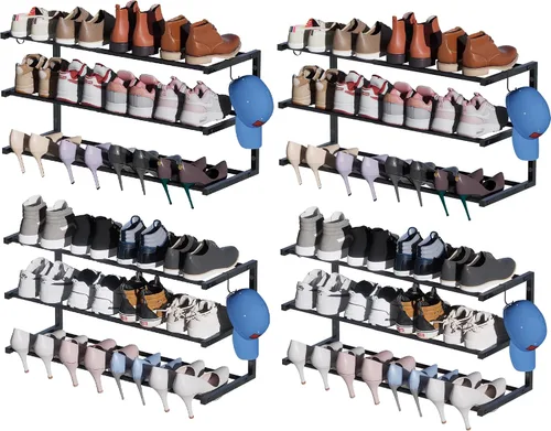 Vista 12 de Zapatero para montar en la pared, zapatero colgante de 3 niveles con capacidad para 12 pares, organizador de zapatos de metal resistente ajustable
