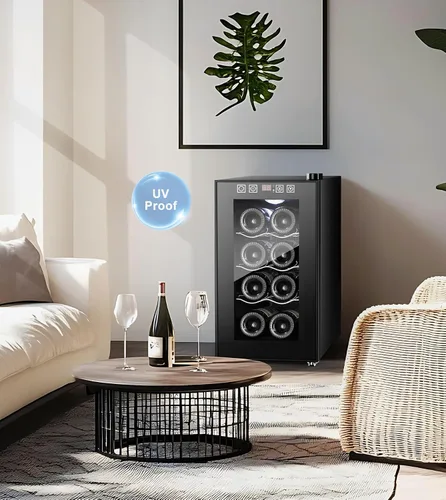 Vista 6 de Mini enfriador de vino de 8 botellas, refrigerador de bebidas con enfriamiento rápido, gabinete de vino termoeléctrico bodega para mujeres, hombres