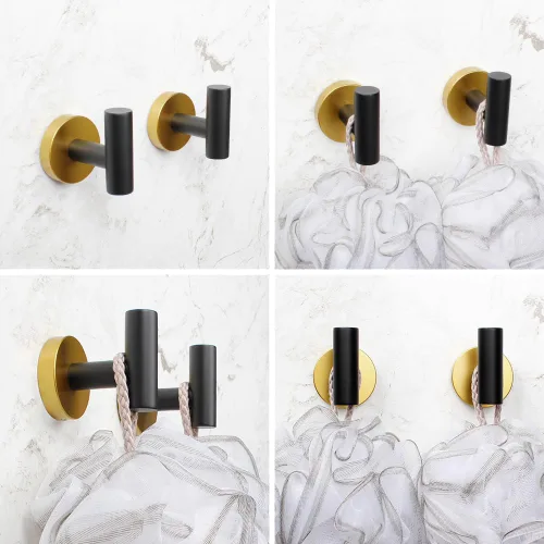 Vista 4 de Juego de accesorios de baño de 3 piezas, color negro y dorado, para montar en la pared, incluye soporte para papel higiénico, 2 ganchos para toallas