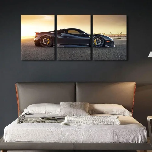 Vista 128 de Arte de pared de auto deportivo rojo para sala de estar, arte de pared de lienzo de súper auto genial, imágenes pósters, 3 piezas, arte moderno
