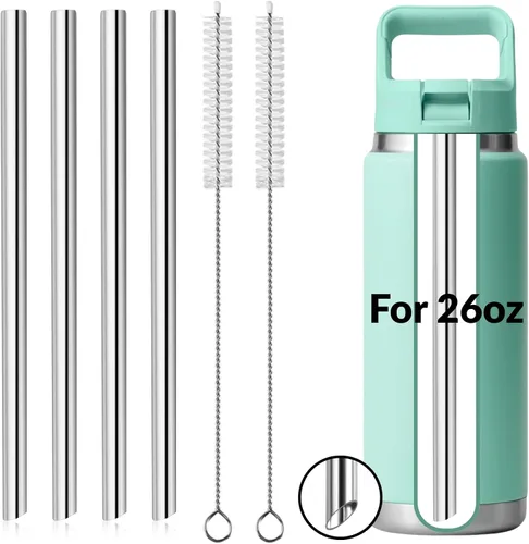 Vista 8 de 4 popotes de metal de repuesto para botella de agua YETI Rambler Jr., popotes de repuesto reutilizables de acero inoxidable con 2 cepillos