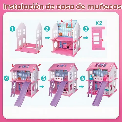 Vista 4 de Casa de muñecas, con sala de estar, dormitorio, baño, muebles de cocina, casa de muñecas de doble cara con 1 muñeca, 3 juegos de ropa, luces