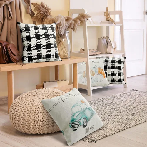 Vista 6 de Fundas de almohada de otoño de 18 x 18 pulgadas – Cuatro fundas de almohada modernas con diseño de granja a cuadros – Estos detalles de decoración