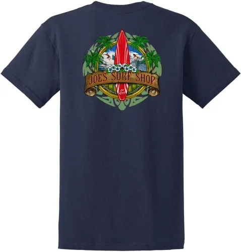 Vista 7 de Joe's Surf Shop - Camisetas de algodón pesado con gráficos en tamaño regular, grande y alto Logotipo de Longboard Ash / Sand