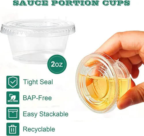 Vista 5 de [2 oz- 100 juegos] Vasos de plástico transparente con tapas, tazas de soufflé sin BPA