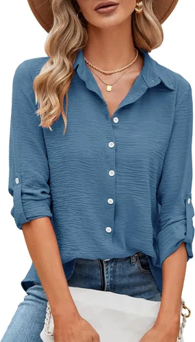 Vista 38 de Odosalii - Camisas con botones para mujer, con cuello en V, manga larga, enrolladas, blusas elegantes y formales para negocios y ocasiones casuales