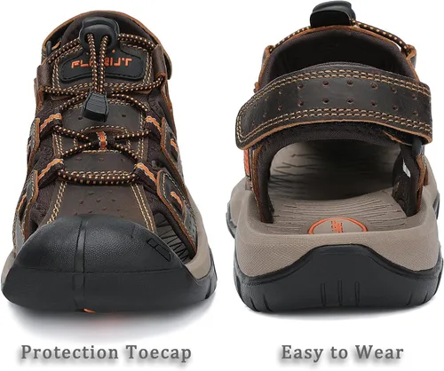 Vista 4 de FLARUT - Sandalias deportivas para hombre, sandalias para senderismo y exteriores, diseño informal de cuero con punta cerrada, sandalias atléticas