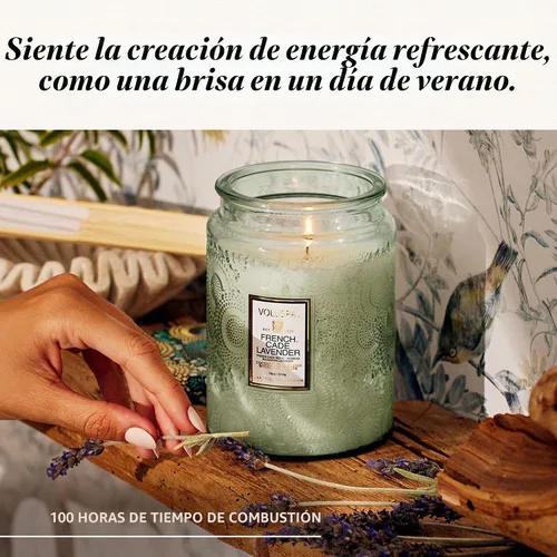 Vista 5 de Vela en frasco de vidrio grande de enebro francés y lavanda, 100 horas, 16 oz, Voluspa Coconut Wax Blend in Decorative Glass, Clean Even Burn, USA