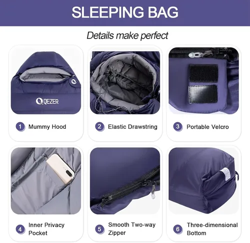 Vista 6 de Down Sleeping Bag for Adults, 0 Degree Warm Winter Mummy Lightweight Compact Outdoor Sleeping Bag for Camping Backpacking Hiking, Cold and Warm