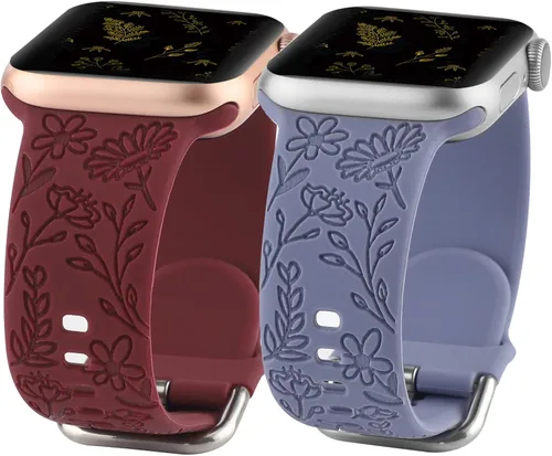 Vista 12 de Paquete de 2 correas deportivas grabadas con flores compatibles con correas de Apple Watch de 1.496 pulgadas, 1.575 pulgadas, 1.614 pulgadas