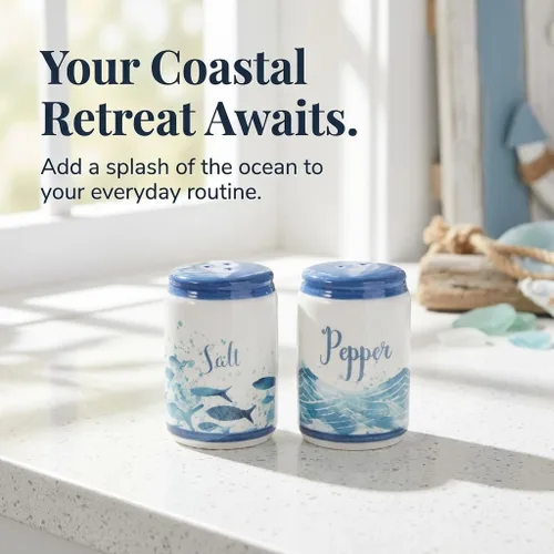 Vista 7 de Beachy Blue Fish & Ocean Waves - Salero y pimentero de cerámica Decoración funcional pintada a mano en azul y blanco costero para cocina y comedor