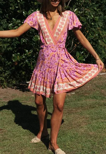 Vista 7 de ZESICA - Vestido corto con cuello en V cruzado para mujer, estampado floral bohemio, con vuelos, acampanado, vestido de verano 2024 para la playa