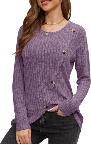 Vista 3 de DouBCQ Blusa casual de manga larga para mujer, con botones de moda, dobladillo lateral de tulipán